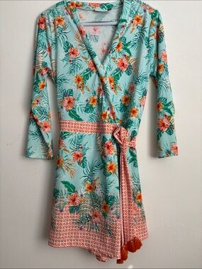 Tropical Cabana Life Cayman Wrap Romper Sun Protective Mint & Coral Size Medium